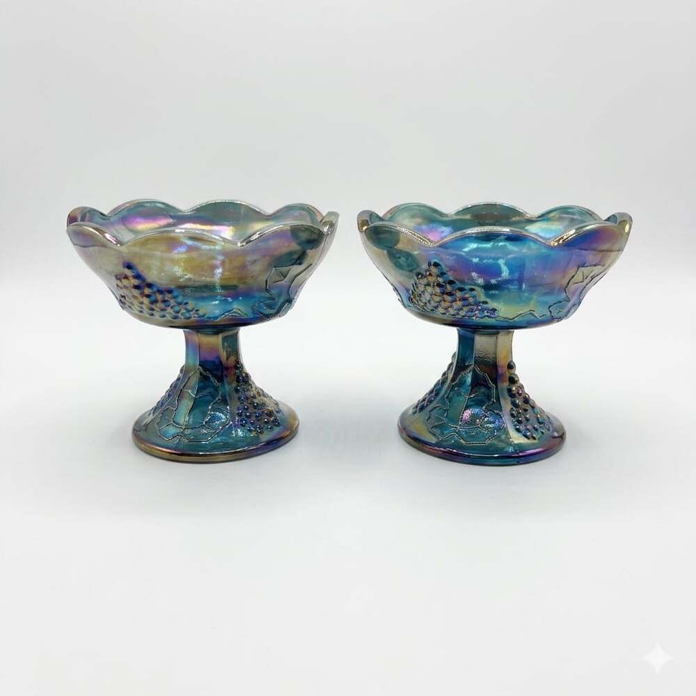 Vintage Indiana Glass Blue Carnival Glass Grape Pattern Compote Bowls/Candle Hol